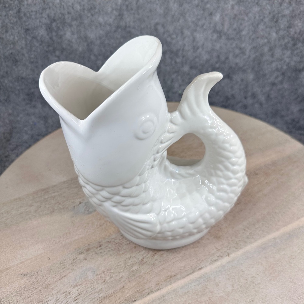Giftcraft White Ceramic Gluggling Fish Pitcher Gurgle Jug Nautical Decor 9 Inch